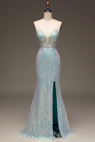Vestido de fiesta azul gris sirena brillante con abertura